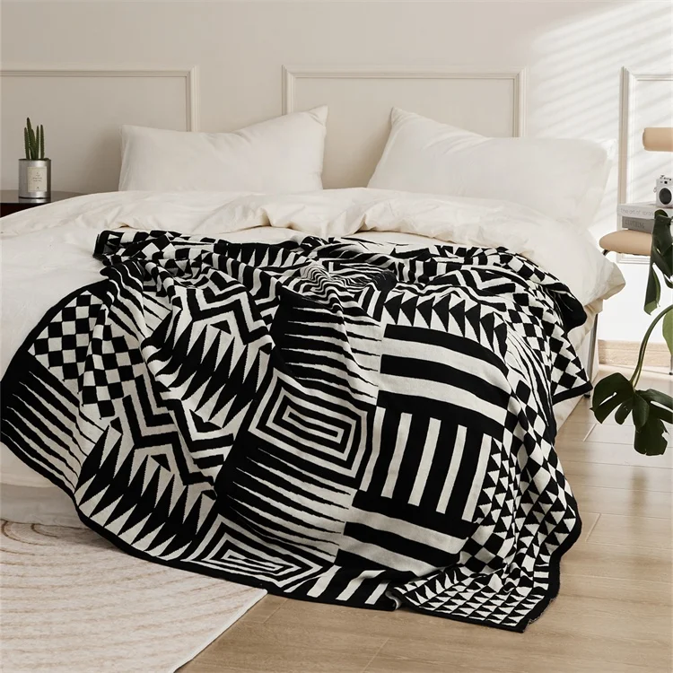 Hot Selling Geometric Jacquard 100% cotton knitted throw blanket for office and travel blanket  BYG