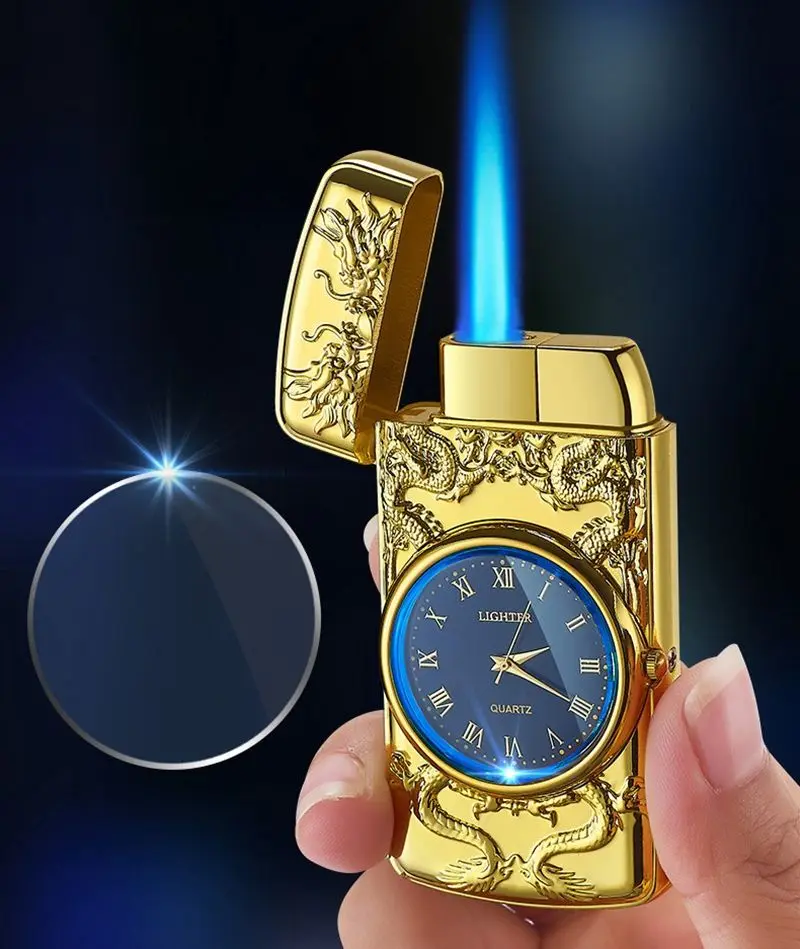 KY Creative Inflatable Watch Lighter Embossed Dragon Blue Flame Jet Torch Metal Cigarette Lighter for Smoking