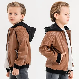 Custom Kids Leather Jacket for Boys PU Zip-up Fashion Outwear for Age 2-14 Spring & Winter Motorcycle Style for Autumn