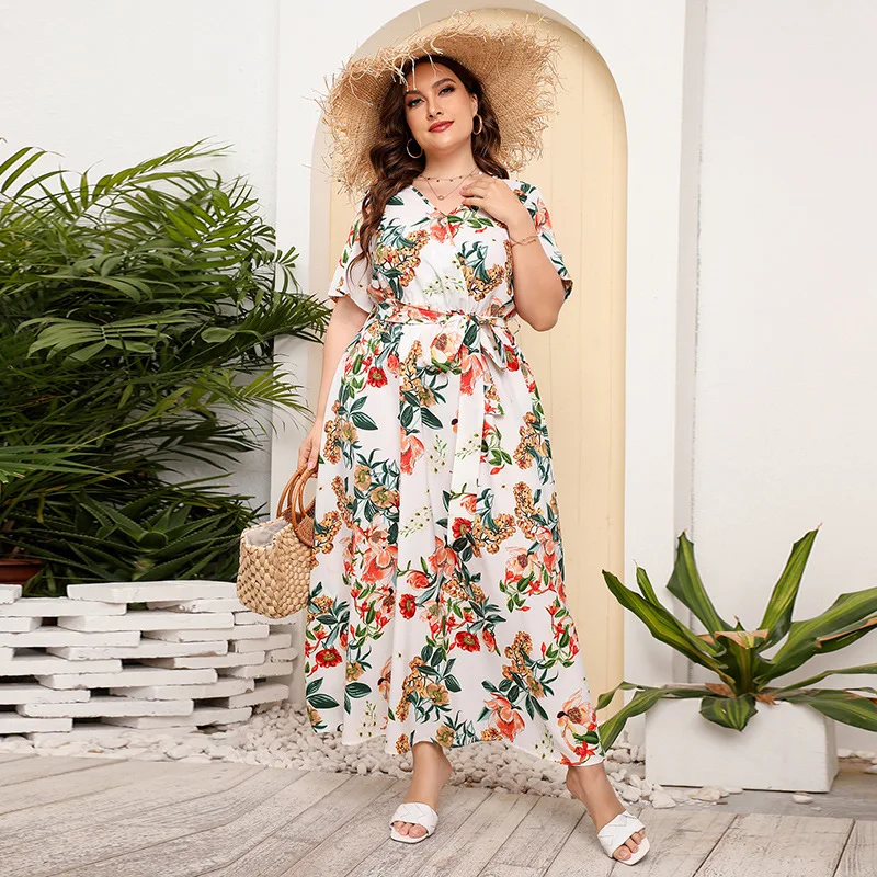 Women Summer Fashion Ruffles Red Ball Room Peplum Dress V Neck Short Sleeve  Plus Size Chiffon Fat Dresses