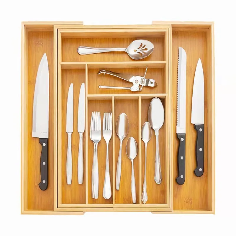 Kitchen Knives Adjustable Cutlery Tray Bamboo Expandable Wood Drawer Dividers Storage Organizer for Utensils Flatware Holder