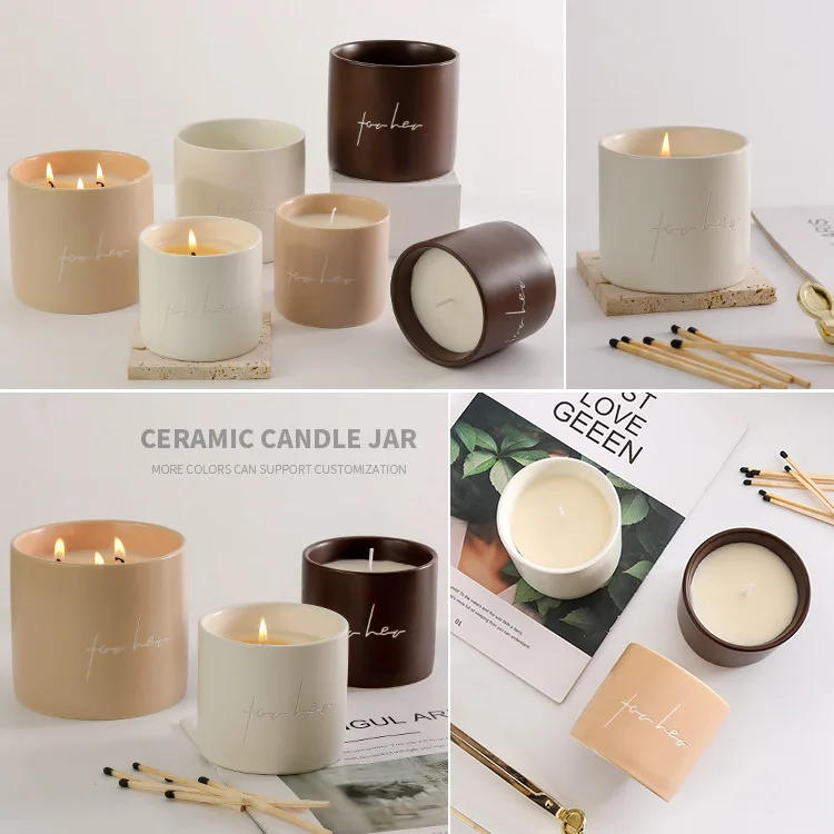 Оптовая продажа, керамические пустые банки для свечей цвета хаки, белого, коричневого цвета, 3 фитиля, матовая банка для свечей