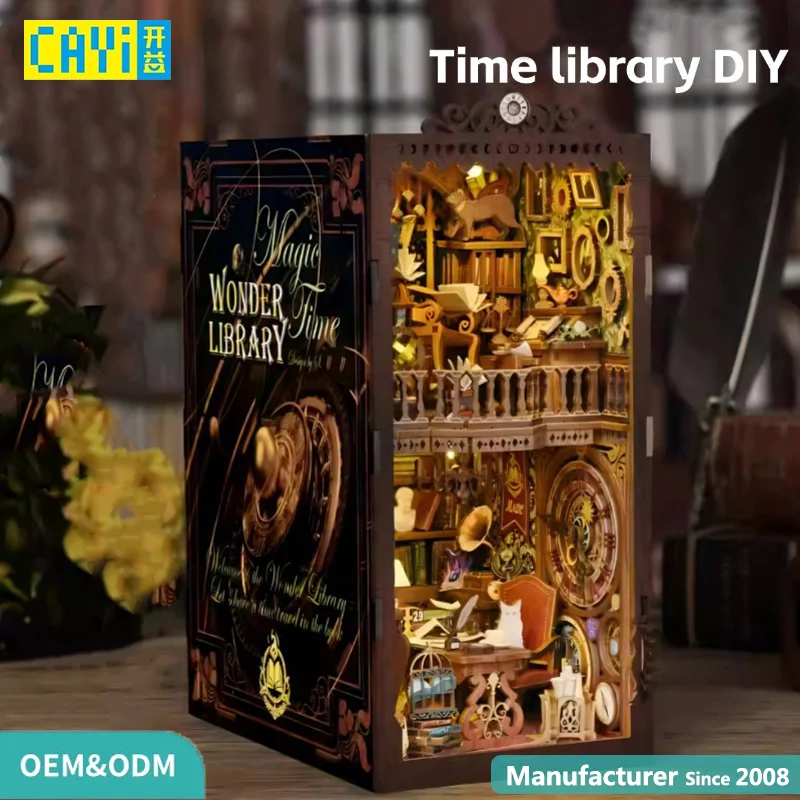 CAYI 2025 Wander Library Book Nook Kit บ้านตุ๊กตา Booknook Nook Book บ้านขนาดเล็ก DIY แท่นรองหนังสือ 3D ปริศนาไม้พร้อมไฟ LED