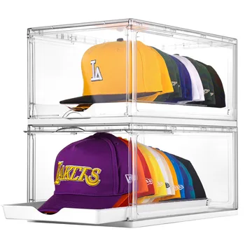 2-Pack Clear Magnetic Hat Organizer Stackable Storage Box with Drawer for Baseball Caps Holds 12 Hats Each Injection Technics