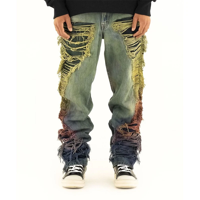 DiZNEW OEM Factory Customized Wholesale Distressed Gradient Faded Men's Straight leg Jeans Plus Size Men's Jeans details