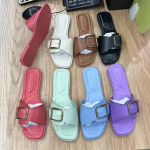 Fashionable Ladies Wear Anti-slip Beach Shoes with square Buttons and  Flat One-shoulder Casual Flip-flops in Summer