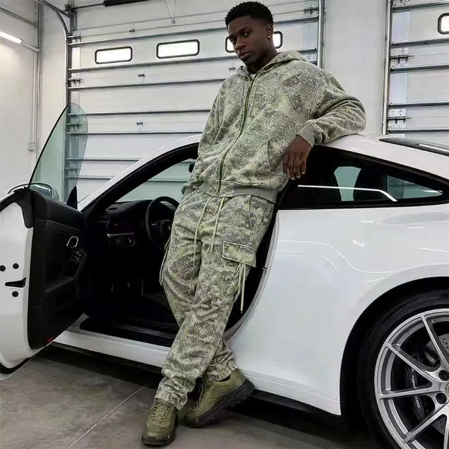 Custom Oversized Camoflouge Sweatsuit Manufacturers Camo Cargo Pants and Zip up Hoodie Jacket Set Baggy Streetwear Tracksuit Men gallery 4