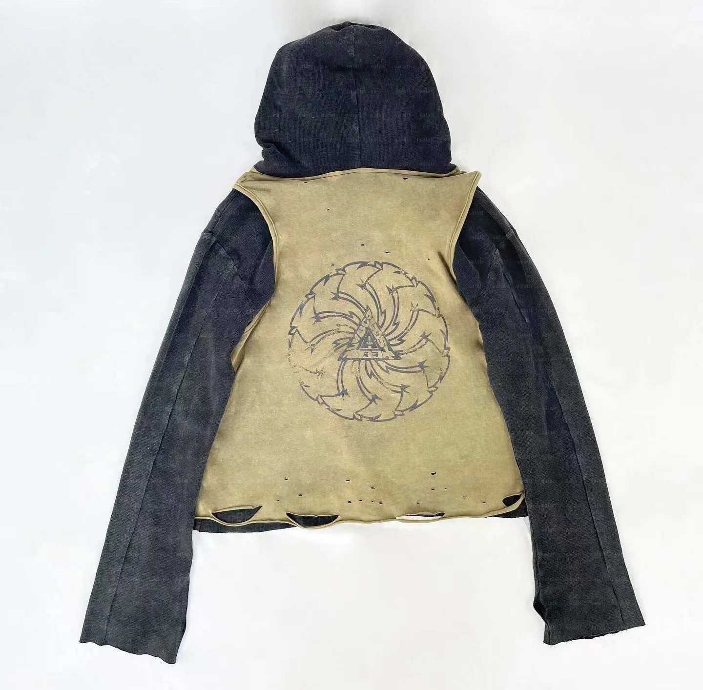 Custom Pullover Sweatshirt Print Ripped 100% Cotton Double Layer Waffle Knit Distressed Vintage Stone Acid Wash Crop Hoodie Men gallery 2