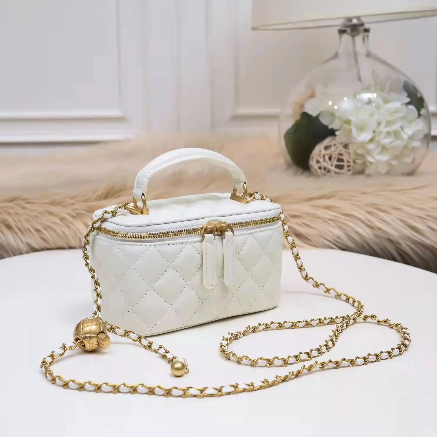 Wholesale 2023 Famous Designer Cosmetic Bag Lambskin Leather Mini Fragrant  Hand Bag Metal Ball Chain Mini Box Bag Shoulder Messenger Small From  m.