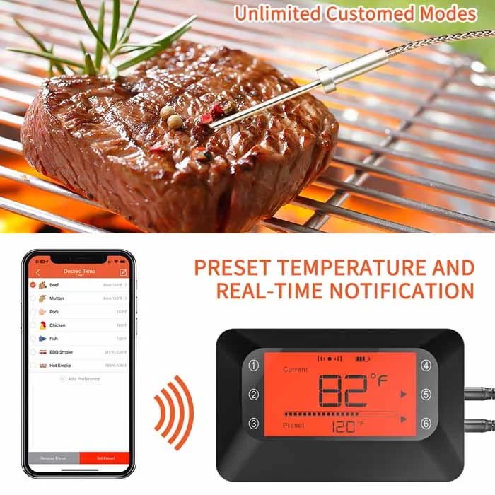 Bluetooth Digital Meat Thermometer for Grill BBQ 4-Color Wireless Probes Large Backlight Display Cooking Food Oven Thermometer