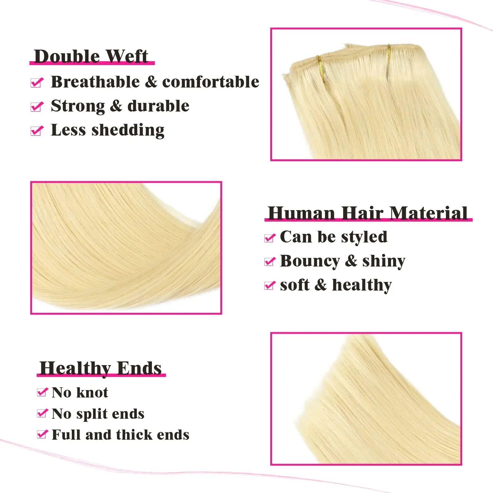 Extensions de cheveux humains à clipser blond décoloré Remy 100 % 8 pièces/ensemble pour femmes_voghion.com