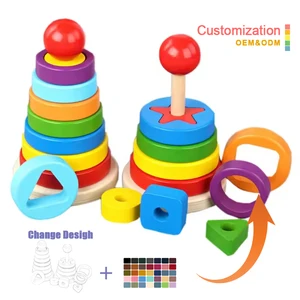 Wooden Blocks Rainbow Tower Wooden Puzzle Pyramid Nesting Stacking Toy Children's 3D Puzzle Shape Educational Toys for Children