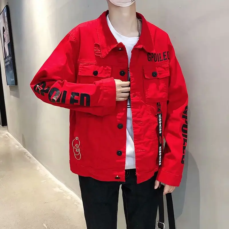 2022 Hipster Jean Jacket for Men Tie Dye Slim Fit Ripped Denim Jackets Coat  Hip Hop Long Sleeve Novelty Streetwear 