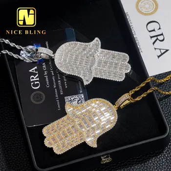 3 Inches Big Hamsa Hand Pendants Iced Out Baguette Moissanite Diamond Jewelry 925 Silver Hip Hop Pendants For  Rappers