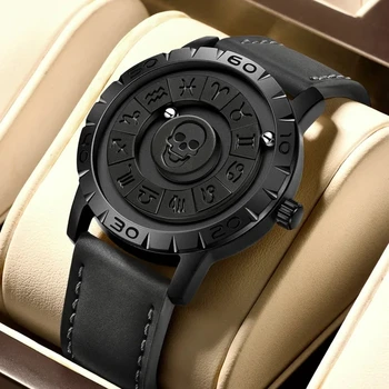 FOXBOX Men New Black Magnetic Watch Luxury Genuine Leather Scrolling Pointer Quartz Watches Waterproof Casual Mens Clock 0047