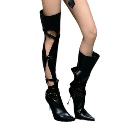 2024 New Style Ladies Leather Knee High Pointed Toe Knight Sandals Hollow Boots High Heel Boots Women Shoes Knee-high - Image 1