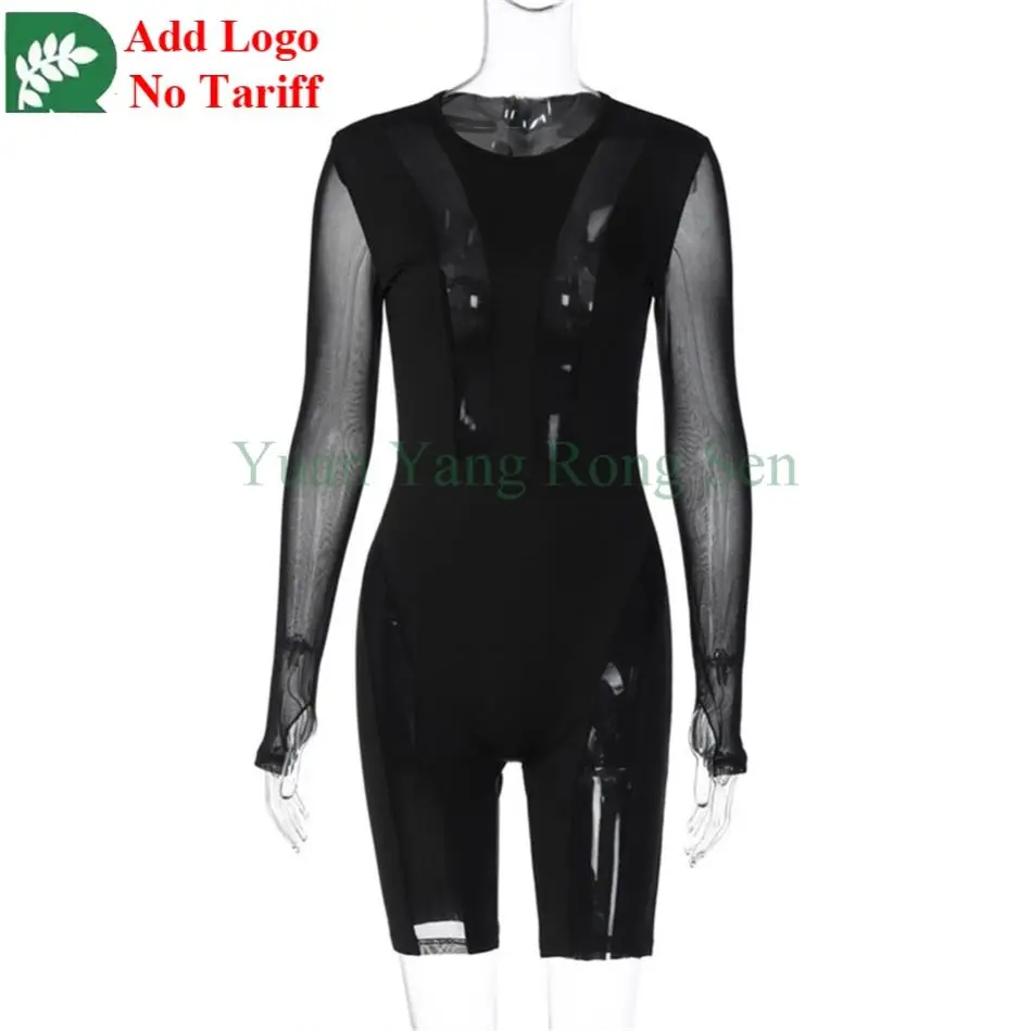 2025 New Fashion Splicing Mesh Jumpsuit Women's Round Neck Long Sleeve Sexy  Women's Jumpsuit