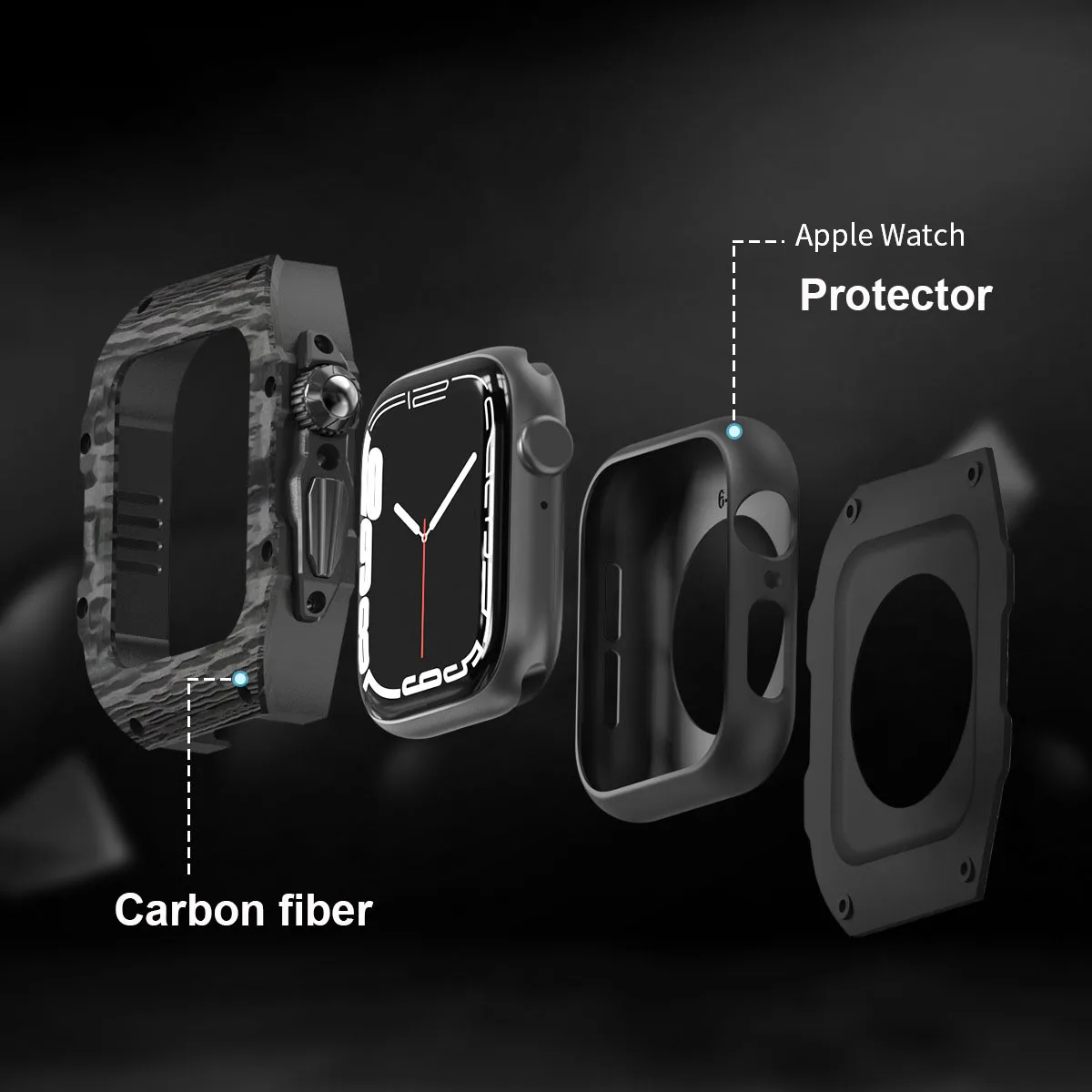 Luxury Fkm Rubber Watch Band Smart Watch Metal Carbon Fiber Case For