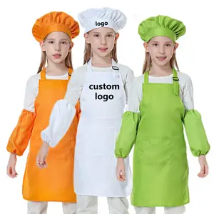 Custom Logo Children Polyester Plain Apron for Kitchen Cooking Baking Painting Wear Kids Chef Hat and Apron with Ages 3-12