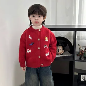 New Unisex Children's Cartoon Sweater Coat Autumn Girl's Embroidered Puppy Knitted Loose Boy's Red Cardigan