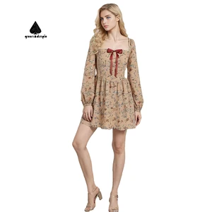 Women Beige Floral Print Mini Dress Square Neck Long Puff Sleeves Red Bow Layered Skirt Vintage Sweet Woven Casual Dress