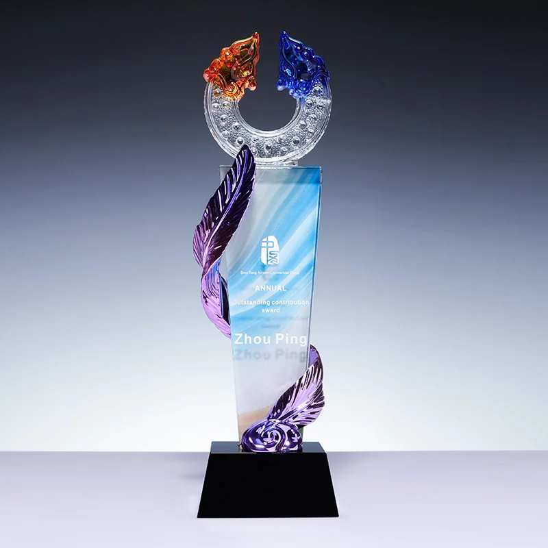 Factory direct sales high-end custom plated resin feather k9 crystal color printing trophy details