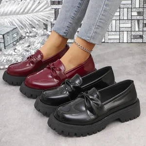 Women's Shoes Pu Leather Round Head Set Foot Solid Color Thick Sole Single Shoes Women Casual Shoes