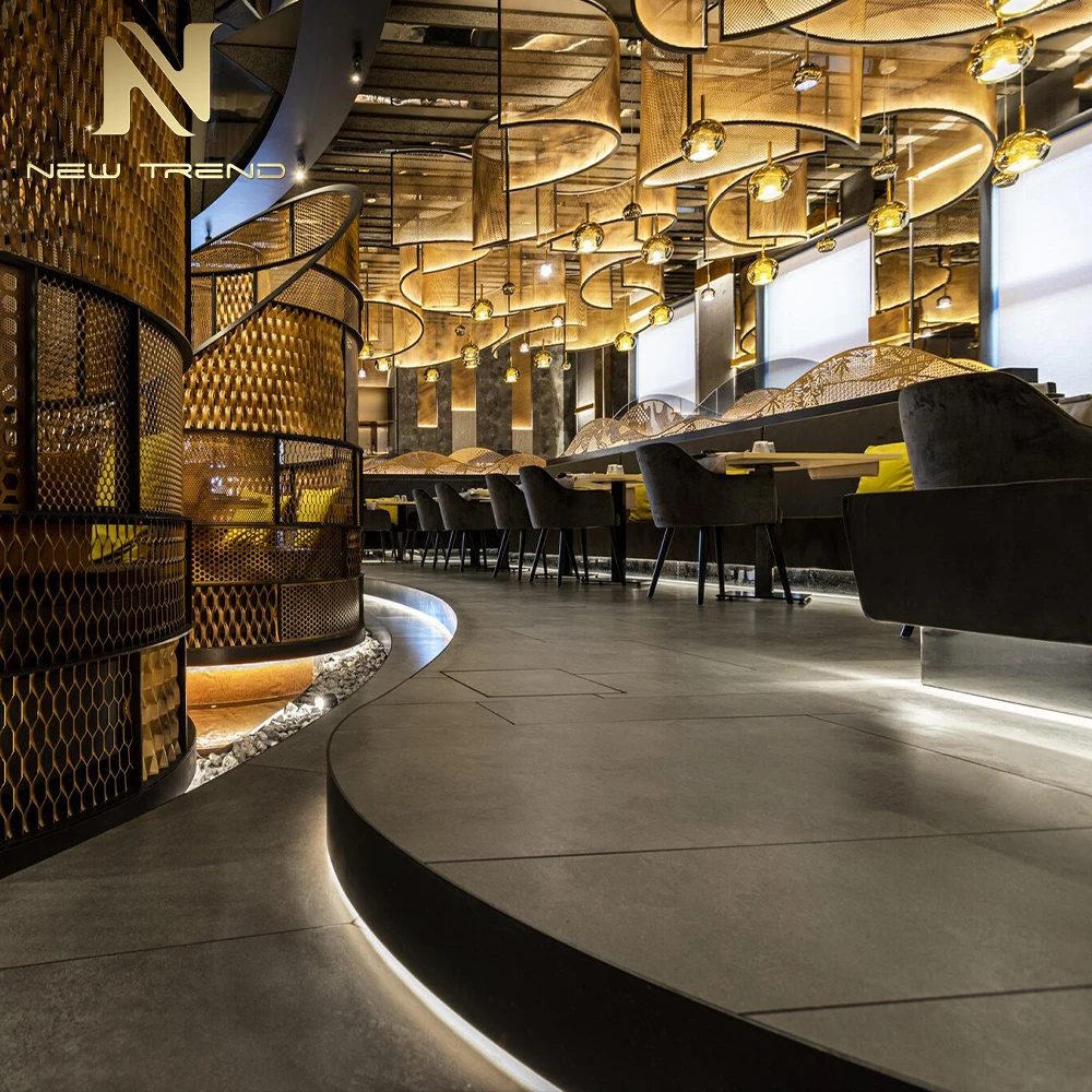 CPL-471 Çağdaş Eğri Metal Örgü Asma Lamba – Üst düzey restoranlar için büyük boyutlu özel mimari LED sanat kurulumu