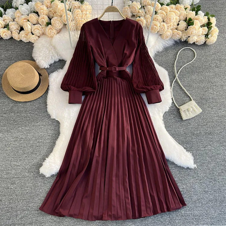 Spring Pure Color Lantern Sleeve V Neck Dresses With Belt Pleated Dress ...