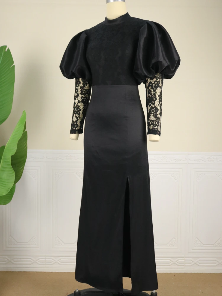 Latest Black Puffy Sleeve Lace Patchwork Women Evening Dresses Autumn Latest Black Puffy Sleeve Lace Patchwork Women Evening Dresses Autumn