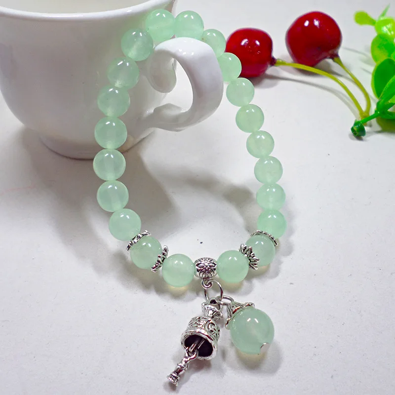 8 MM Light Purple Crystal Bracelet for Women Vintage Silver Alloy Vajra Bell Charm Beaded Bracelet