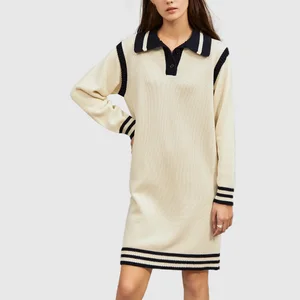 Custom Color Contrast Polo Collar Dress Casual Long Sleeve A-line Skirt Knitted Dress for Women