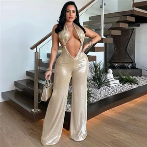 K24Q48664 Deep V Neck Halter Jumpsuit Sleeveless Gold Ladies Jumpsuits Backless Solid Bodycon Flare Leg Jumpsuit