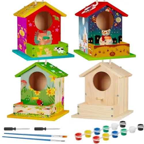 Komiseup Deals Wooden Birdhouse, Wooden Unfinished Paintable Bird House Diy Bird House Kit Painting Puzzle Diy Wooden Assembly Build Paint Birdhouse U