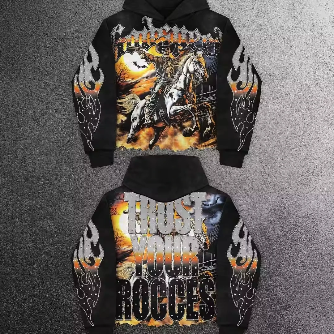 SALATI Custom Heavyweight High-Quality Hot-Fix Rhinestone DTG Print 100% Cotton Irregular Hem Screen-Printed Pullover Hoodie gallery 2
