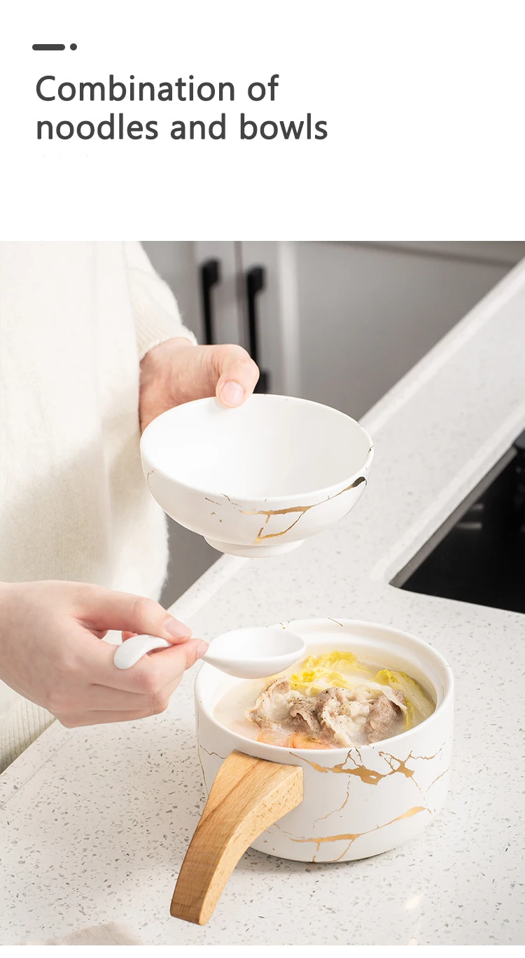 Luxury Ceramic Instant Noodle Cup And Bowl With Wooden Handle Creative