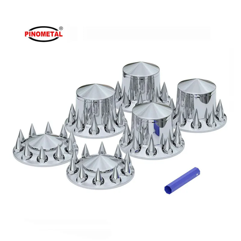 PINOMETAL Custom Removable Hub Caps Chrome Axle Cover Kit 33mm Hubcaps Front Rear Spiked Semi Truck Wheel Nut Cover