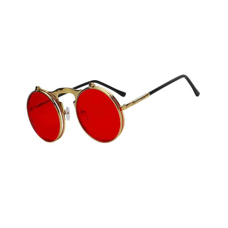 Classic Flip up Double Lens Metal Punk Glasses Round Steampunk Flip up Clip Vintage Sunglasses