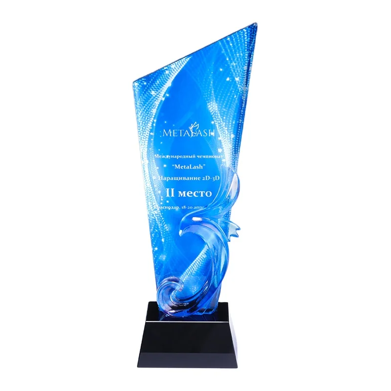 New design color printed crystal trophy awards with customized logo sport plaques