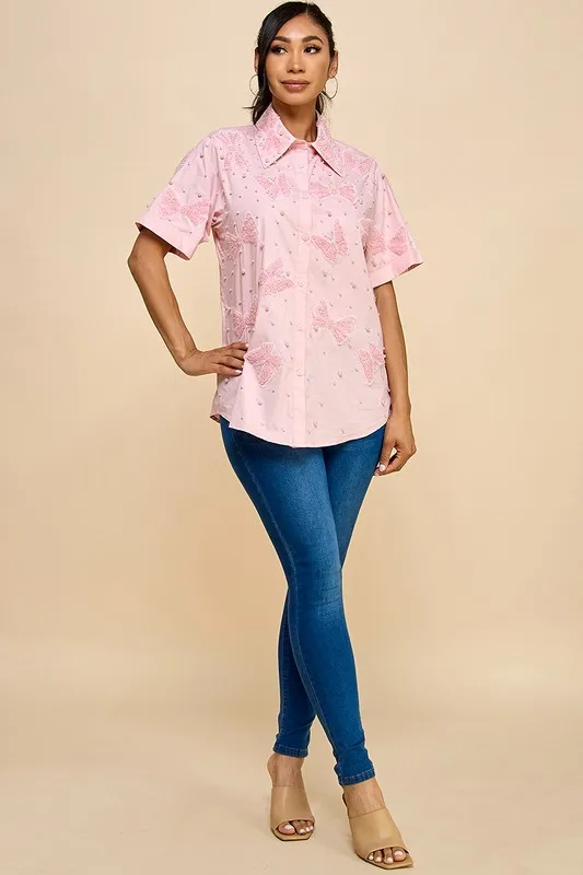 Oversized Cotton Blouse For Women Solid Pattern With Pearls Embroidery Bow Butterfly Details Button Down Closure Long Length - Image 2