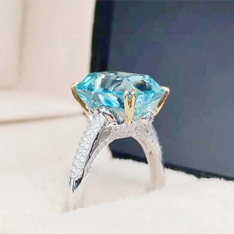 Wholesale Sgarit Natural Gemstone Ring Jewelry 18K Solid Gold Jewelry 6Ct Emerald Cut Genuine Aquamarine Rings Jewelry