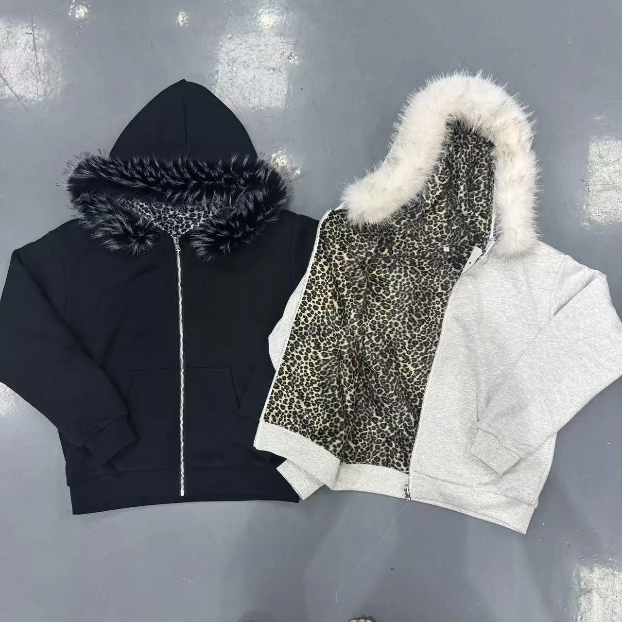 Custom Boxy French Terry Organic Cotton Double Zipper Blank Men's Vintage Zip up Hoodie With Faux Fur Detachable Faux Fur Hoodie gallery 7