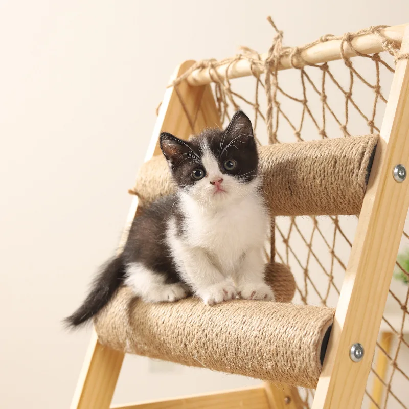Wooden Cat Tree Tower Foldable Ladder Design with Cat Hammock Sisal Scratch Post Toys Solid Wood Cat Climbing Frame
