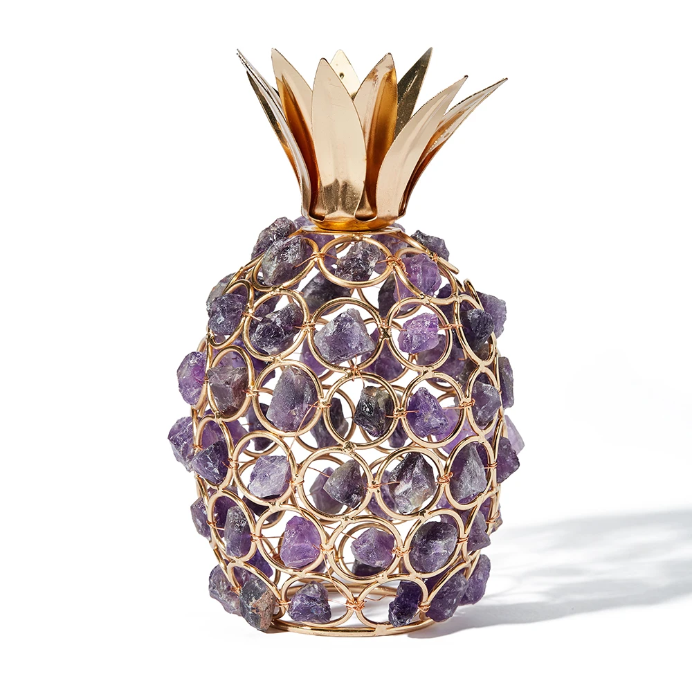 Natural Crystal Amethyst Tea Light Votive Candle Jar Holder Gemstone Pineapple Shape Table Lamp for Home Deco