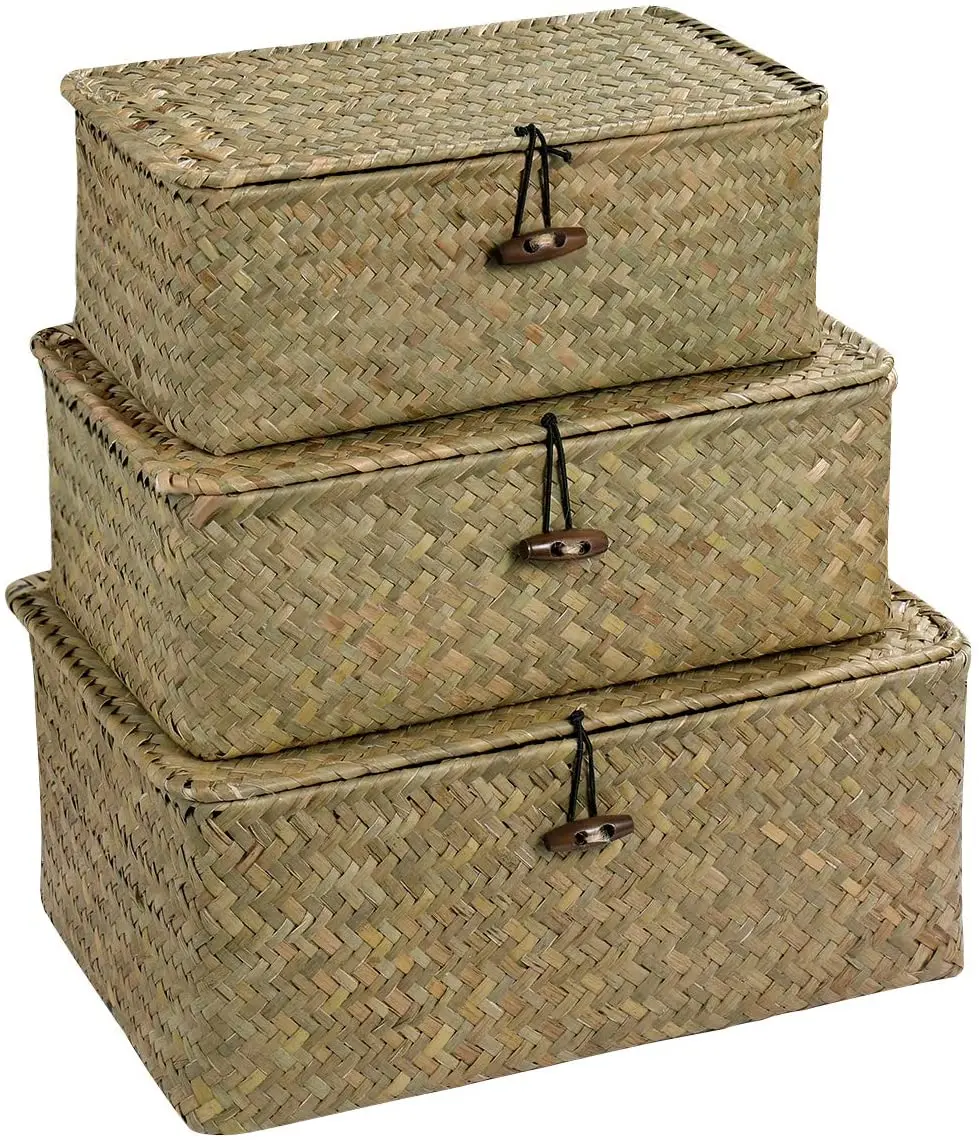 Rattan Storage Box Makeup Organizer Multipurpose Container with Lid Natural sea grass baskets for home