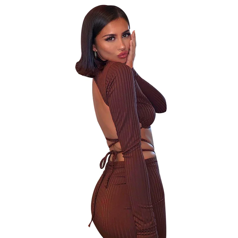 Women Sexy Dresses Fashion Solid Color Long Sleeve Open Back umbilical  Backless Dresses