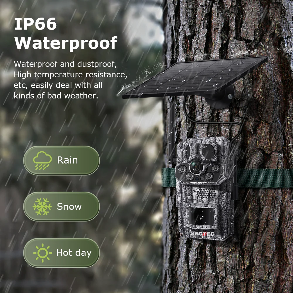 SECTEC GPS 4G LTE Cellular Trail Cameras Solar-Powered Hunting Wild Angle Camera HD 3MP 3PIRS 4G GPS Trail Hunting CCTV Camera