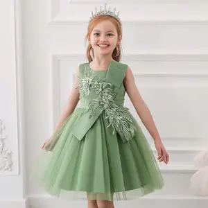 New Baby Clothing Girls Embroidery Ball Gown Pleated Birthday Party Dress Satin Layered Dress Lace Children Clothes for Kids