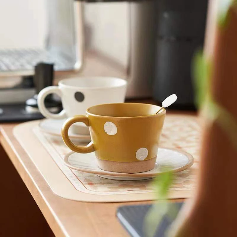 New popular Nordic vintage hand painted black polka dot ceramic tea cup and saucer porcelain coffee mug and saucer set details