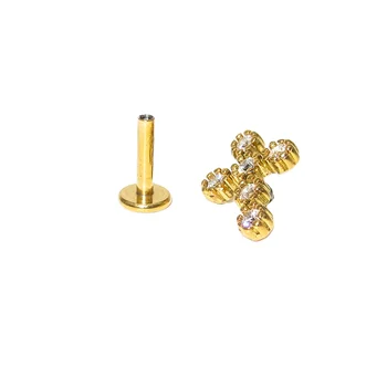 PVD Gold CZ Cross Top 316L Surgical Steel Internally Threaded Labret,Monroe, Cartilage Studs